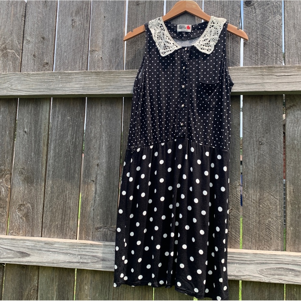 Vintage Chelsea Girl River Island sleeveless polkadot dress with crochet collar